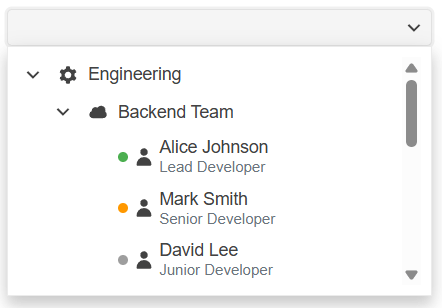 Engineering – Backend Team shows employee names, a colored availability dot and their role