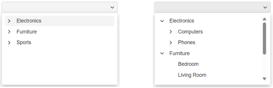 In the lefthand version, we see Electronics, Furniture, Sports. All indicating they are collapsed and have an accordion dropdown available. On the right, Electronics is expanded to reveal Computers and Phones, both of which have the arrow indicating they have children. Furniture shows Bedroom and Living Room, which are the final categories in that hierarchy.