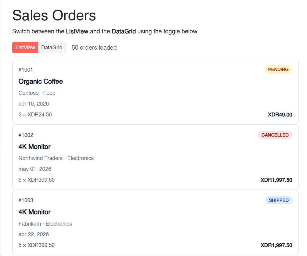 Blazor ListView displaying sample sales orders