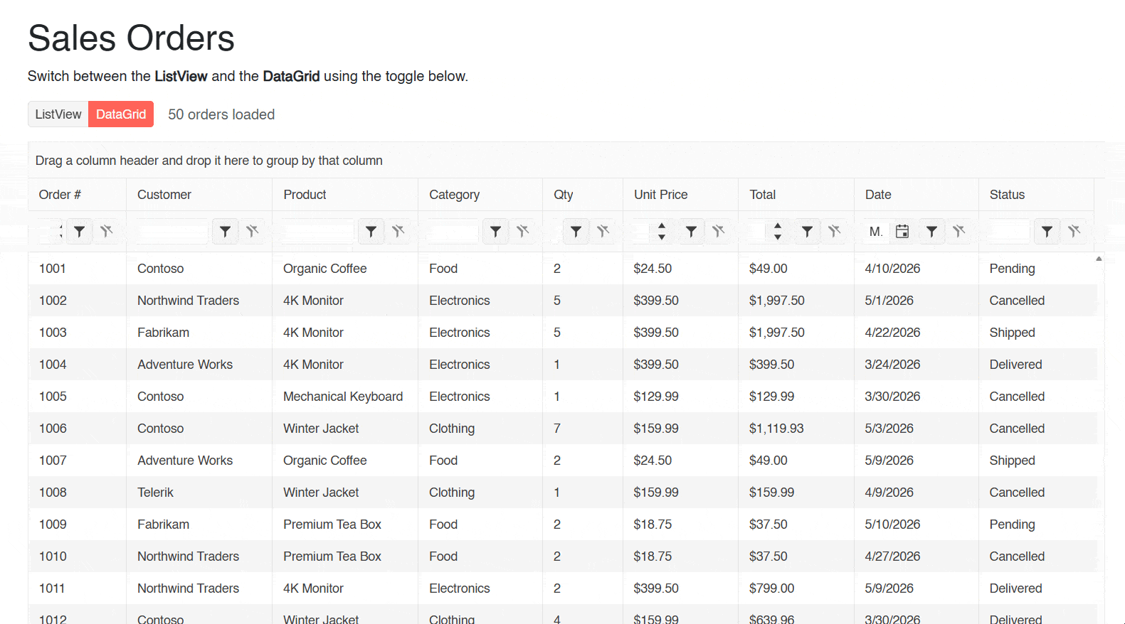 Blazor DataGrid view displaying sales orders with columns