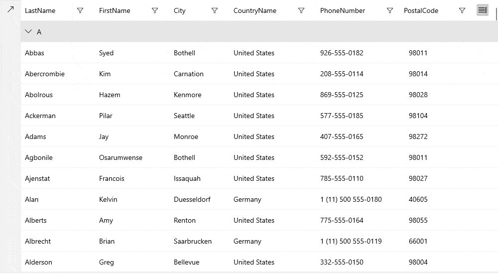 An animated GIF of the Telerik DataGrid showing how columns can be dynamically dragged to form groups based on the data in columns