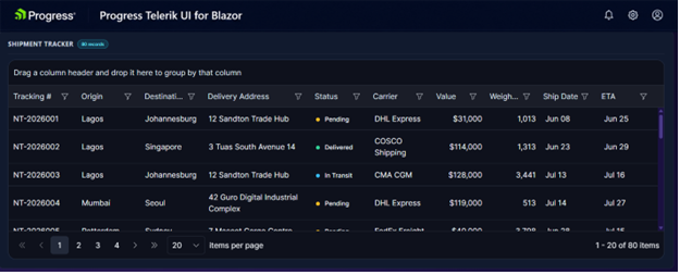 Telerik Blazor grid for shipment tracker