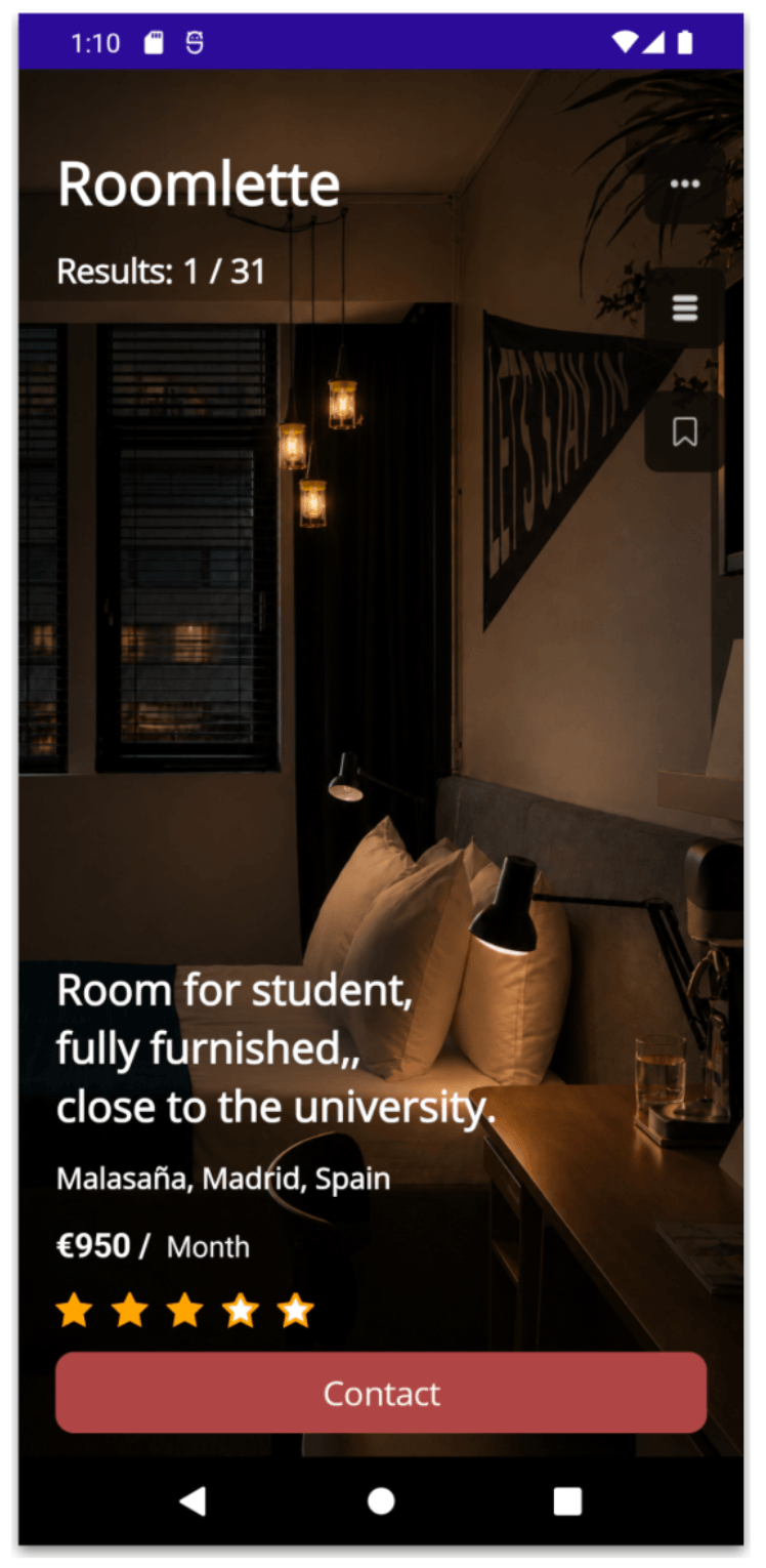Room Description block with 'Room for student, fully furnished, close to the university. Malasana, Madrid, Spain. Price. Rating. Contact.