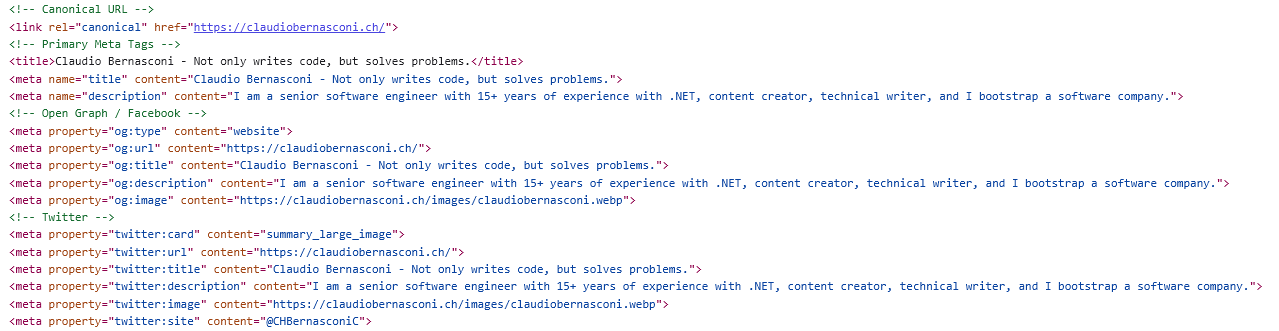 Claudio Bernasconi: Metadata HTML page with metadata for the most important properties such as description, title and Open Graph tags.