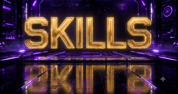 skills2 SKILLS in gold with a sleek purple futuristic setting