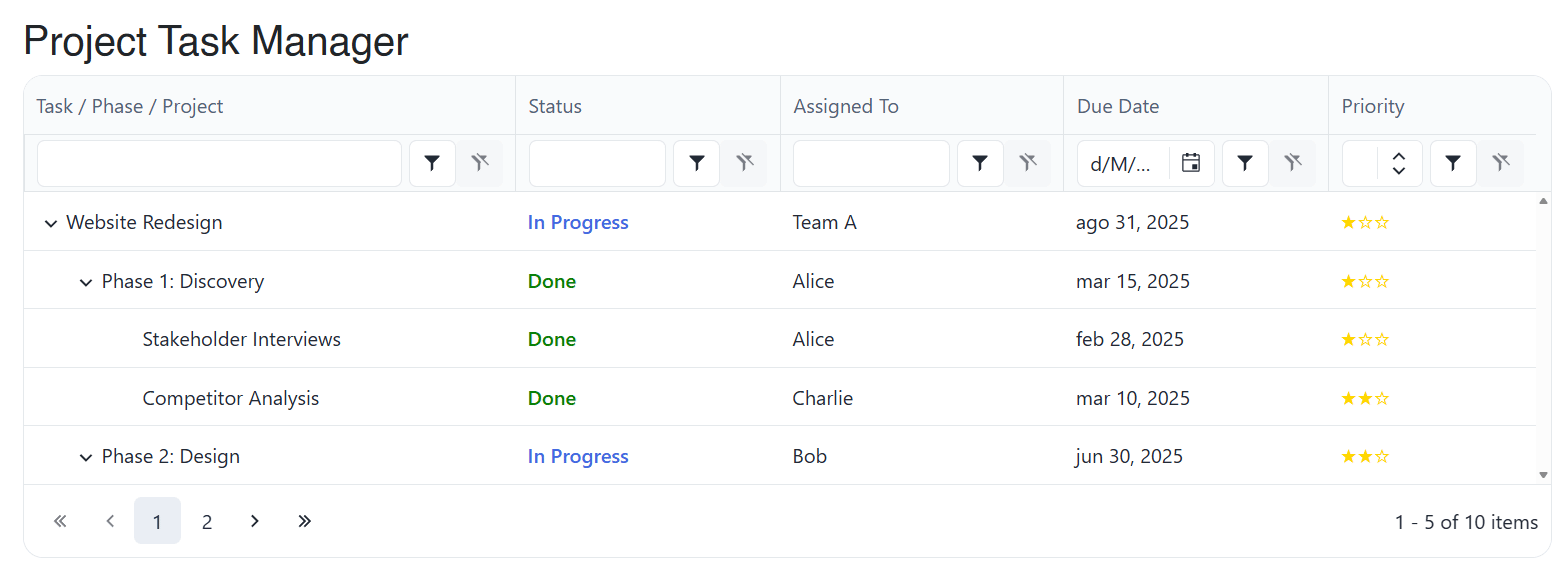 User applying a row filter in the TreeList