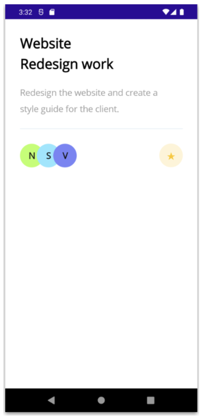2. Header block image Header includes 'Website Redesign work' heading and 'redesign the website and create a style guide for the client' subheading. Name avatars and a star icon.