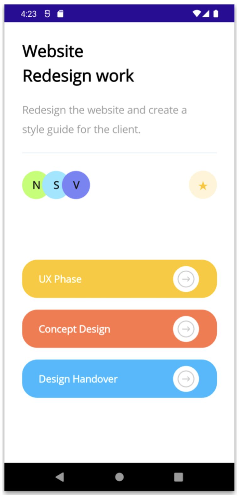 3. Categories block image The screen now includes the header and three categories: UX phase, concept design and design handover in colored buttons