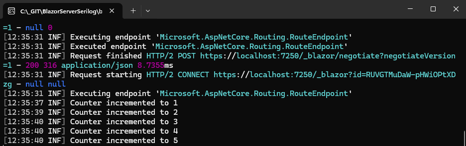 Serilog log statements in the Console A console window with the Serilog log statements including a log statement representing each button press on the Counter page.