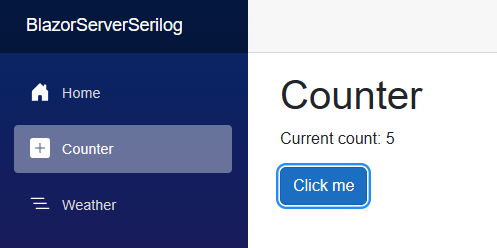 Blazor Server App The Blazor Server web application with the Counter page and a current value of 5.