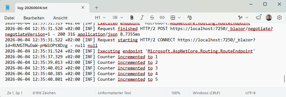 Serilog log statements in the log file A text file with the Serilog log statements including a log statement representing each button press on the Counter page.