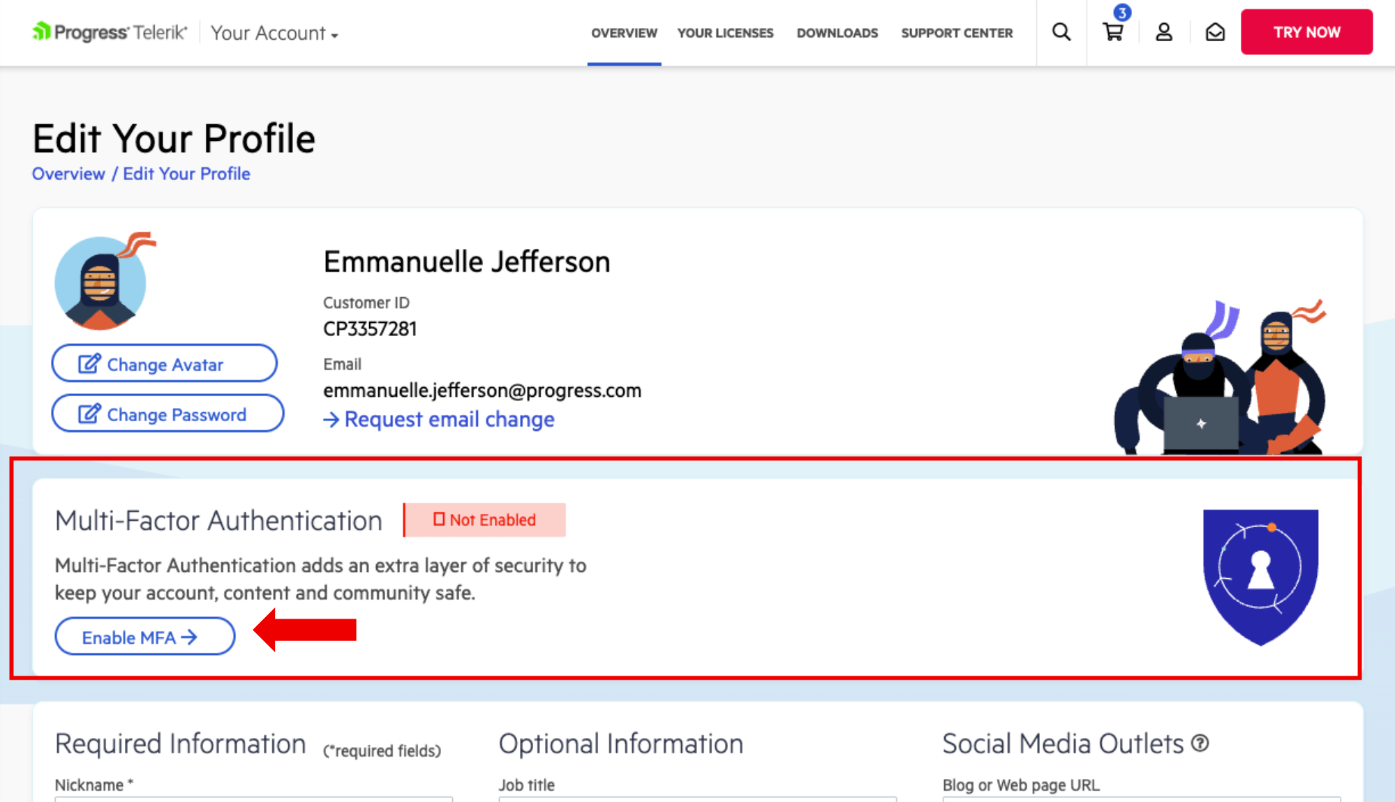 Progress Telerik: Edit Your Profile: Multi-Factor Authentication: Enable MFA