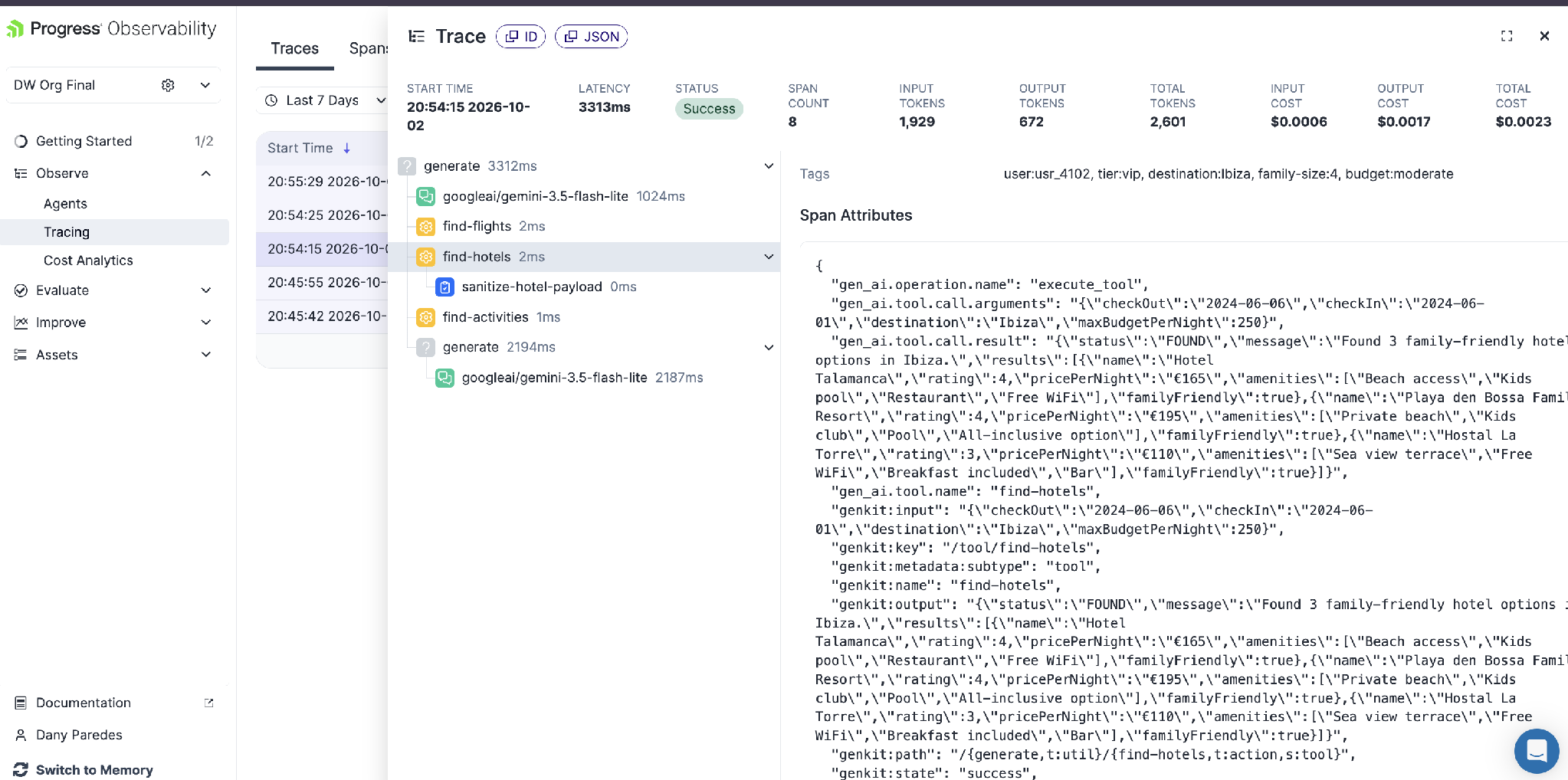 Progress observability platform shows trace for find-hotels