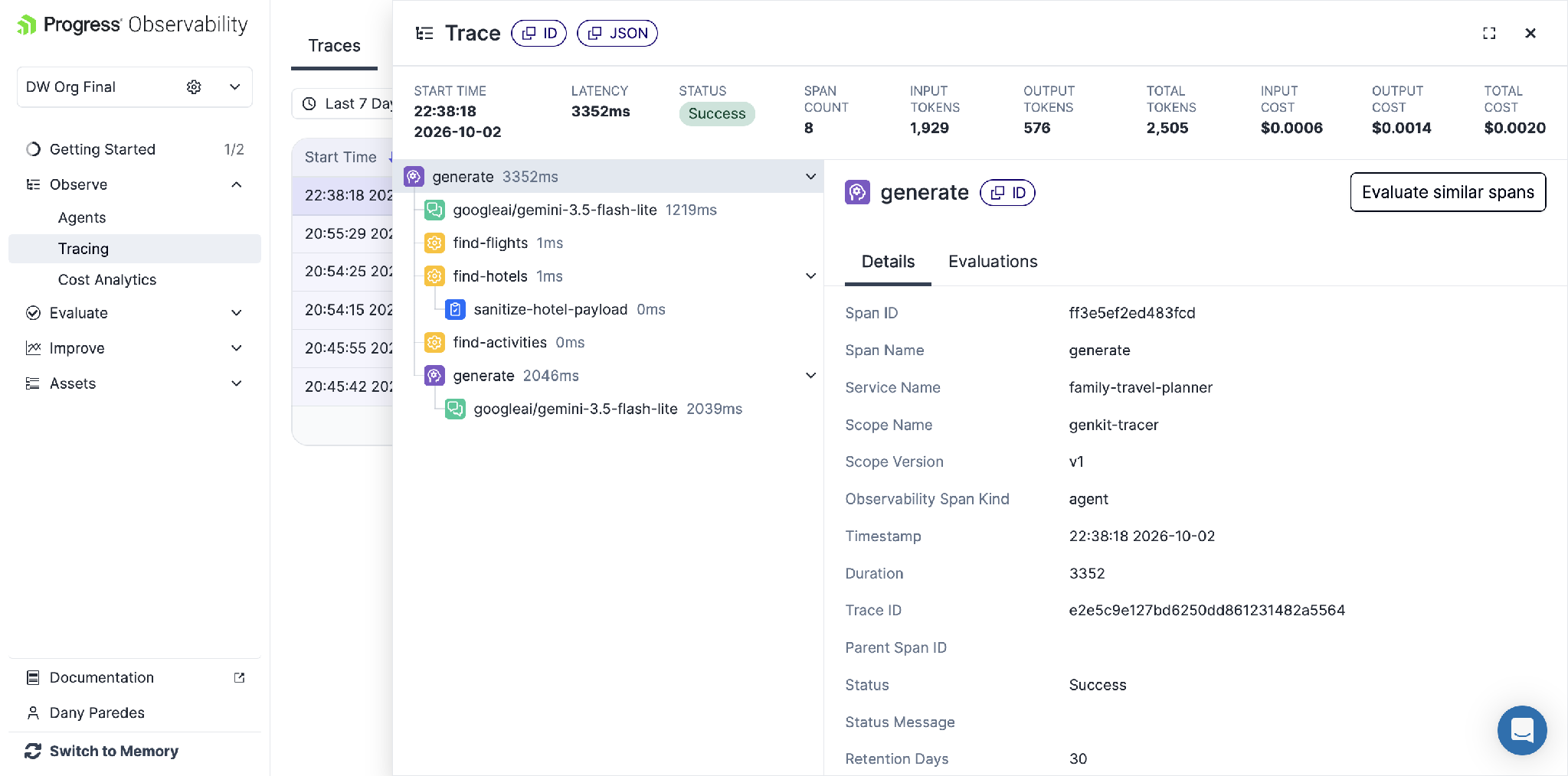Progress observability platform execution trace shows status, span count, tokens used, input cost