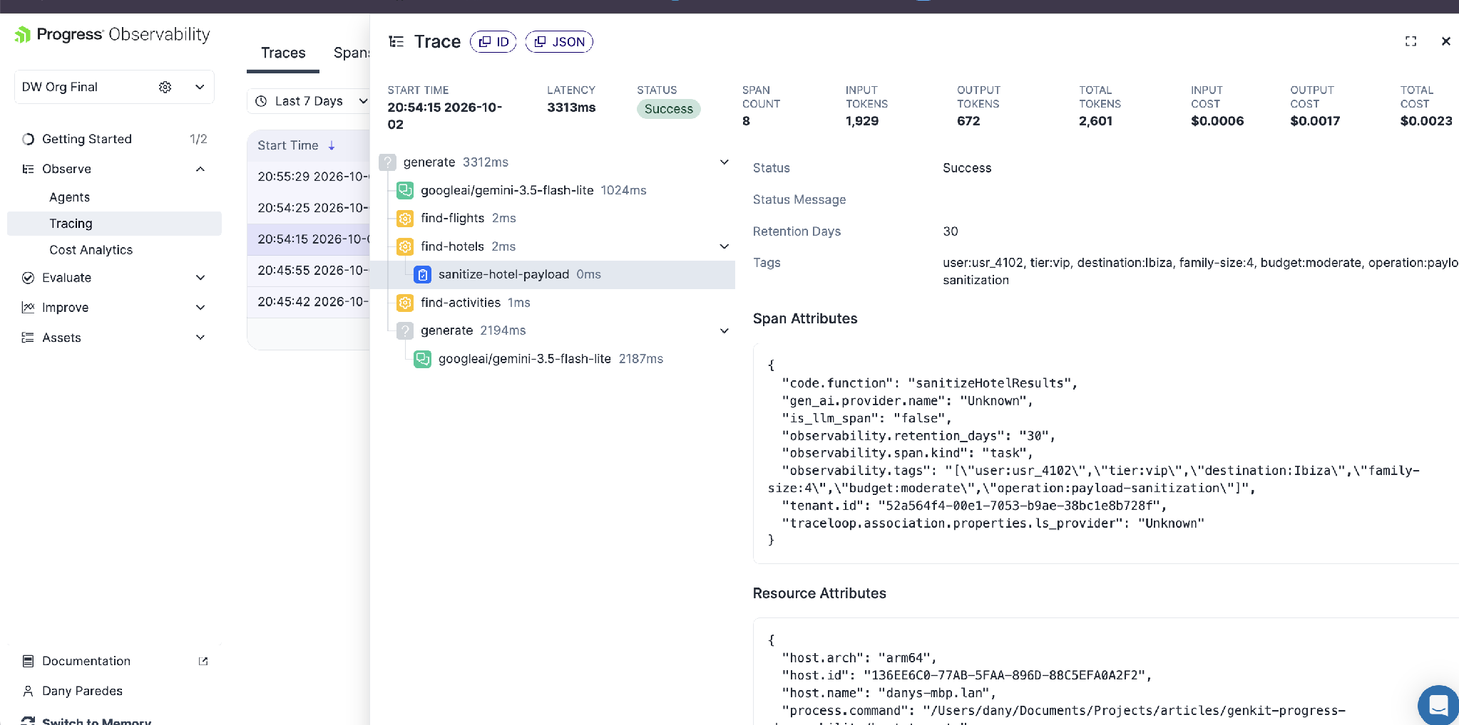 Internal Task Span in Progress observability dashboard