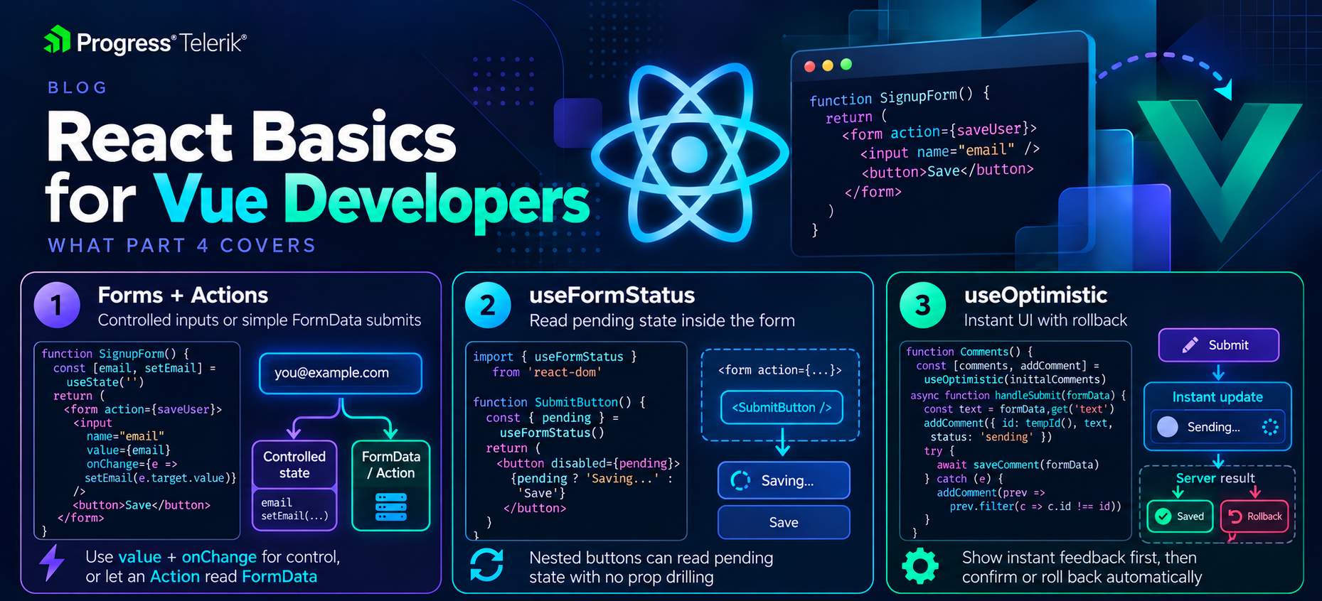 React Basics for Vue Developers 4 React Basics for Vue Developers 4 - forms and actions, useFormStatus, useOptimistic