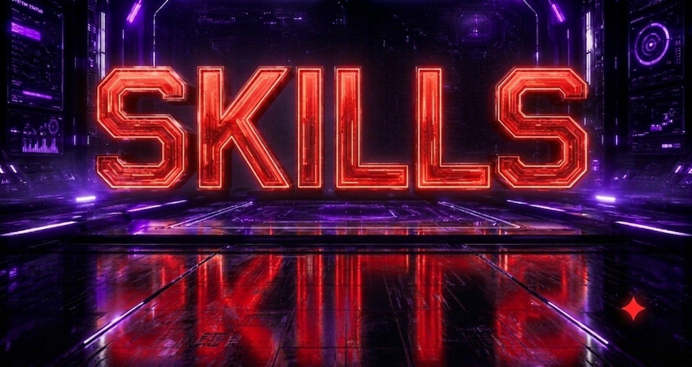SKILLS in red, in futuristic setting