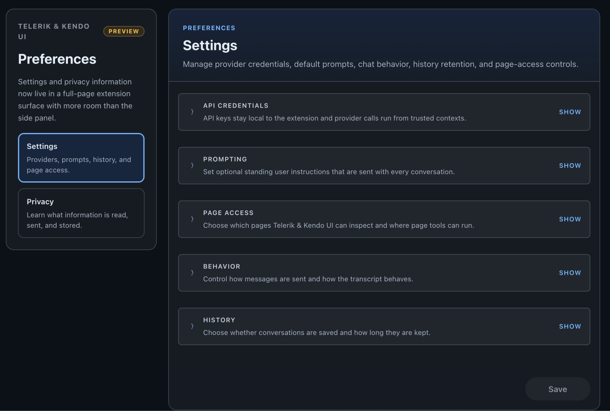 Telerik & Kendo UI WebMCP Extension Preference Settings