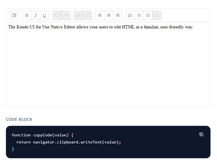 Vue editor and code block