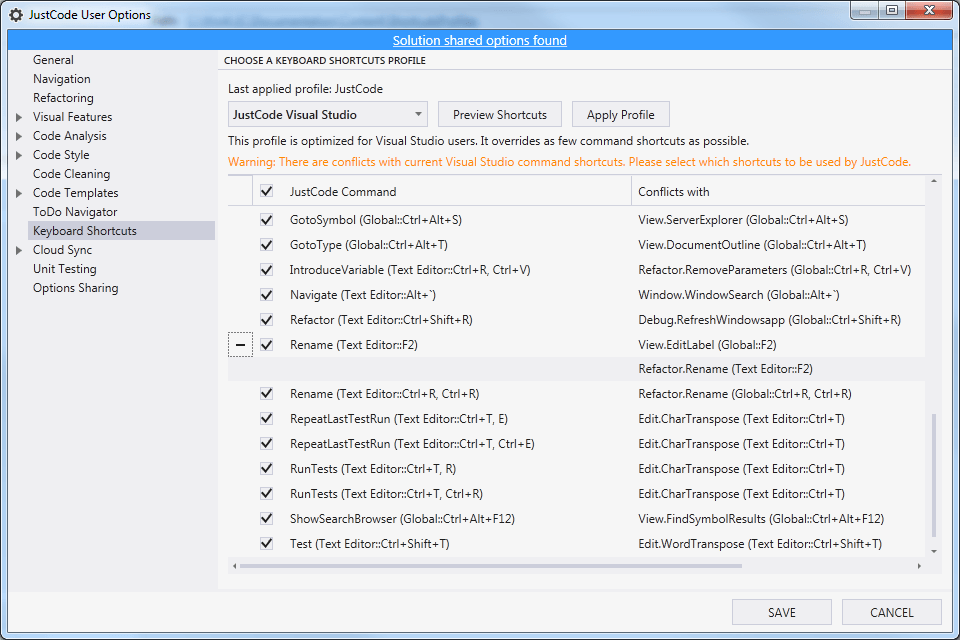 JustCode keyboard shortcuts image