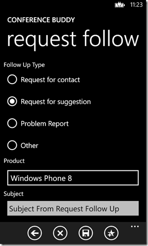 Notes subscription screen in Conference Buddy Windows Phone 8 app
