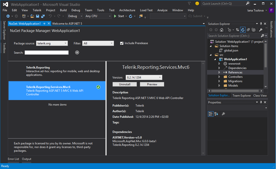 Adding Reference to Telerik Reporting REST Service for MVC6