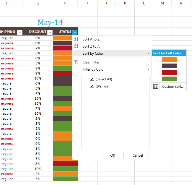 RadSpreadsheet Sorting by Color