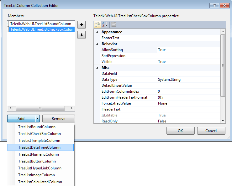 RadTreeList Columns Editor