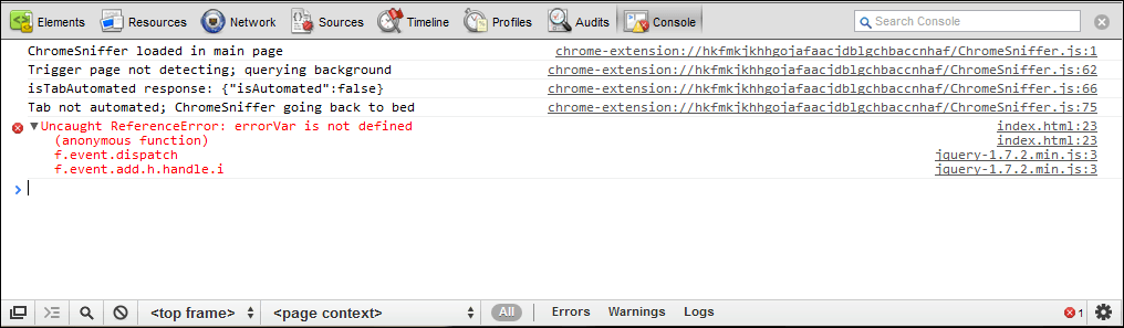 Chrome console JavaScript error