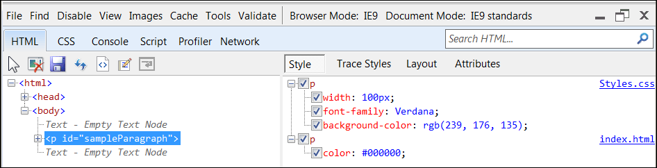 IE9 Dev Tools - Element Inspection