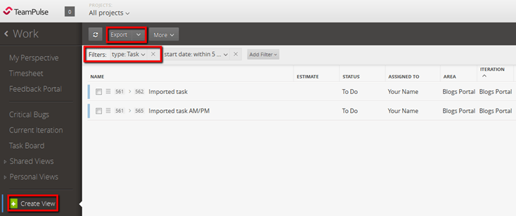 Export the tasks from TeamPulse 