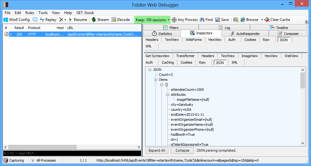 Fiddler monitoring WebAPI queries Fiddler monitoring WebAPI queries
