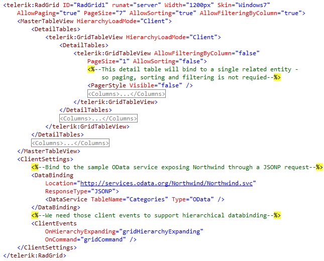 Markup of RadGrid bound to hierarchical data from an OData service