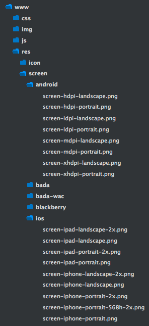 Files within the www/res/screen/android and iOS directories