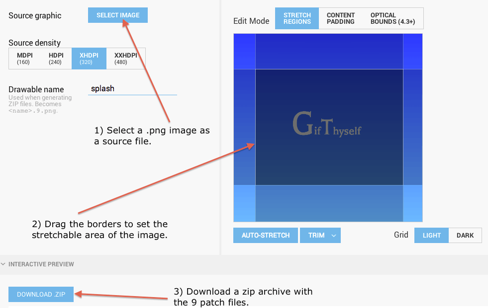 Workflow of using Google's simple nine-patch generator.