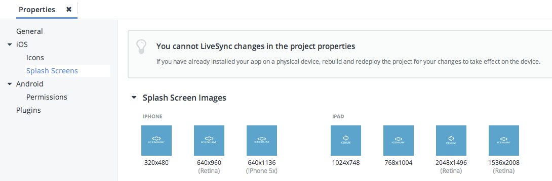 Contents of the iOS splash screen view in Icenium in-browser client.