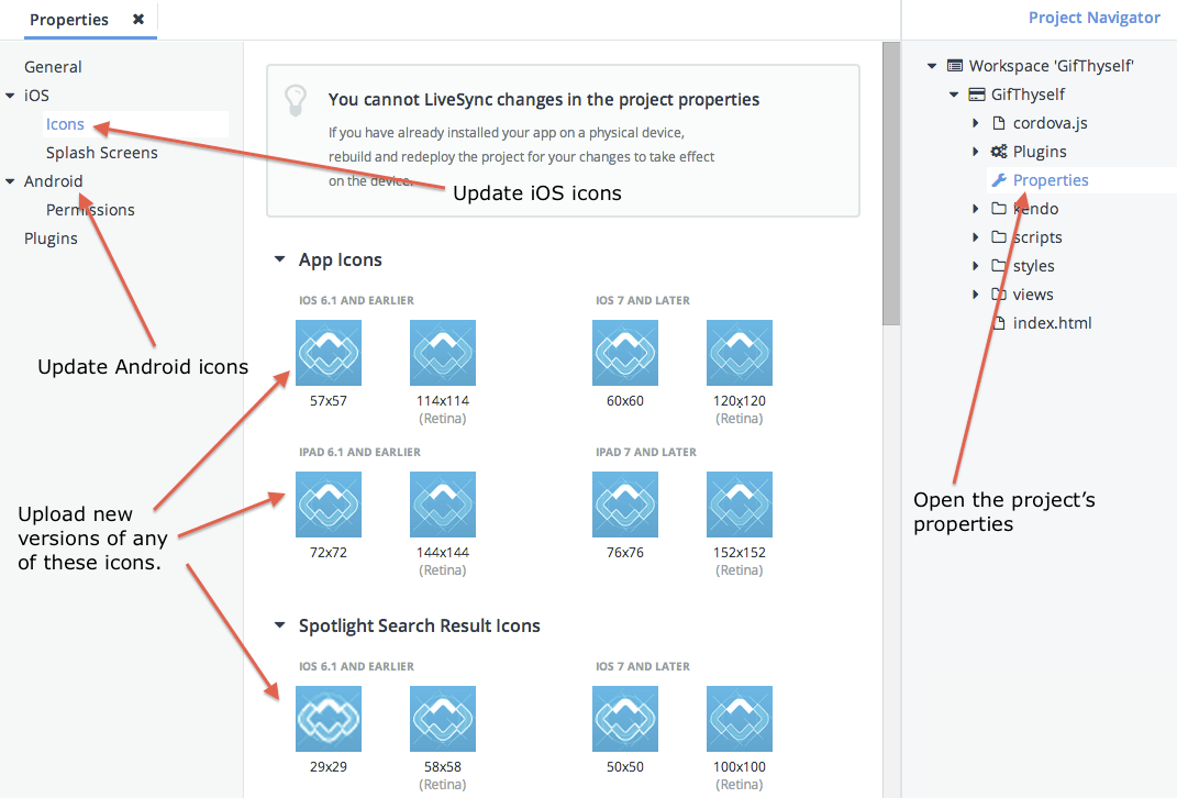 View of Icenium's in-browser editor showing the various iOS icons that can be updated.