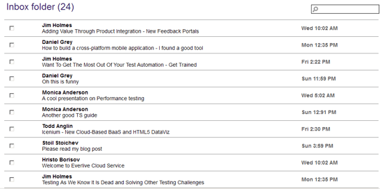 table from an email application, showing the inbox