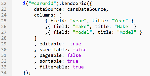 Kendo UI Data Grid definition