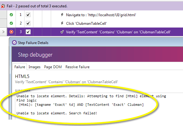 Test step failure - Unable to locate element