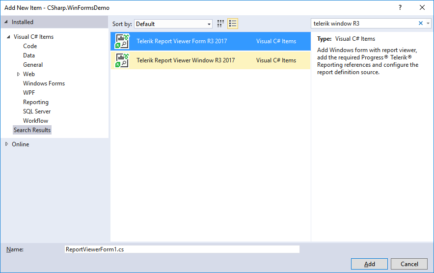 desktop-report-viewers Image templates dialog showing WinForms and WPF item templates