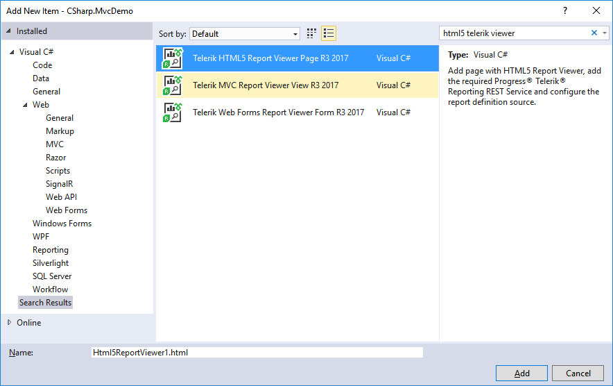 html5-report-viewers Item template page showing MVC report viewer setup dialog