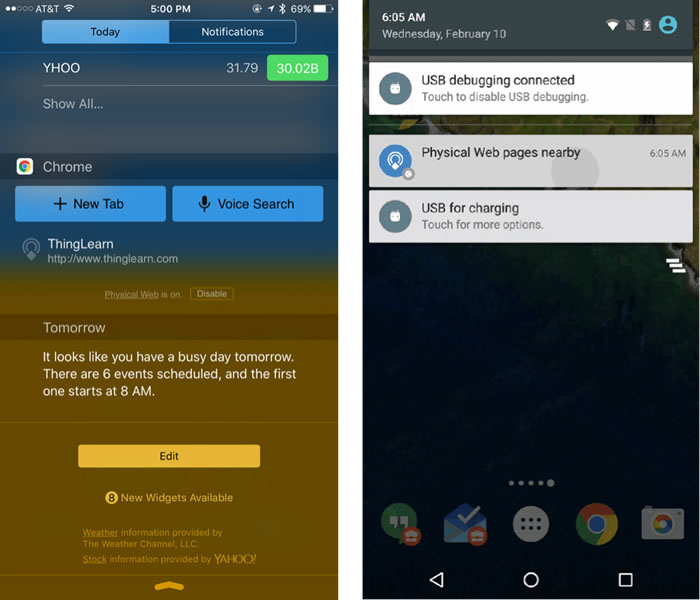 The physical web url is picked up in the iOS 'today' tab, while a notification is sent on Android