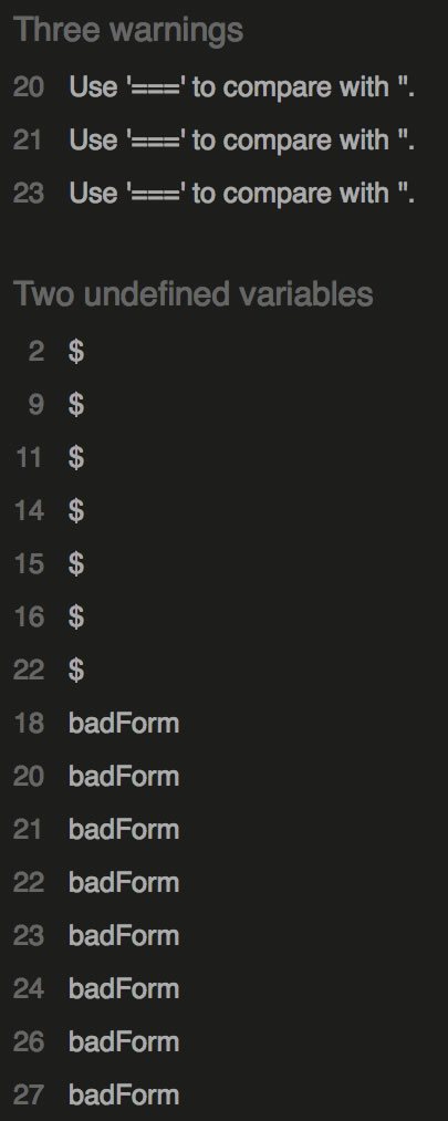 JSHint errors for our demo.