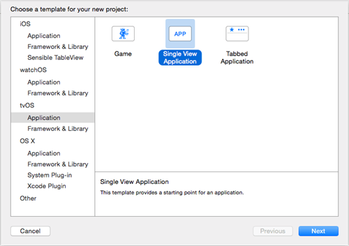Creating a new tvOS project Creating a new tvOS project