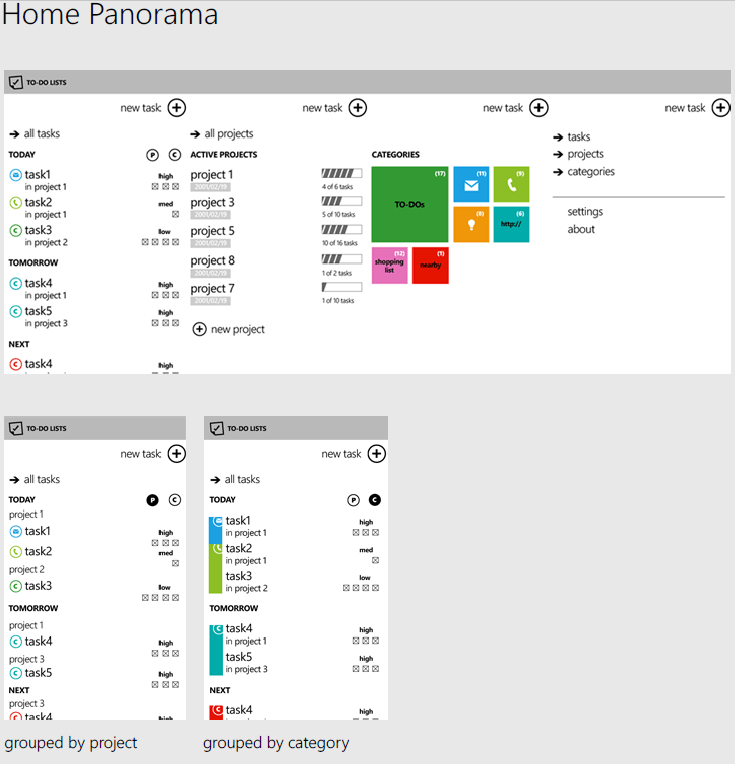 ToDo WP7 application - home page wireframes