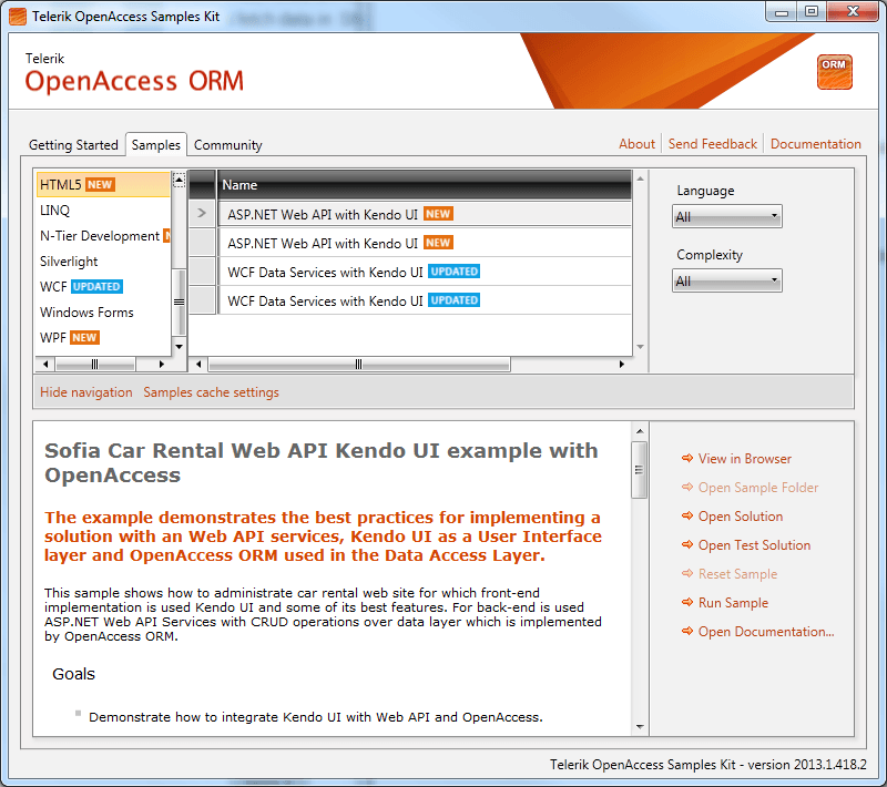 OpenAccess Samples Kit Main Screen