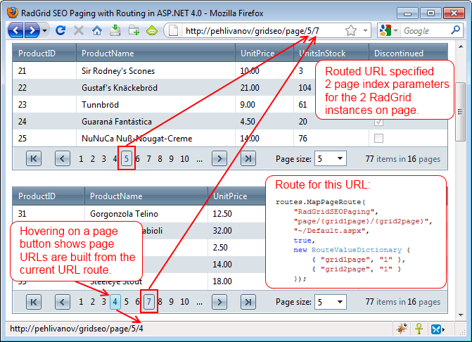 RadGrid in a WebForms page with enabled SEO Paging and Routing