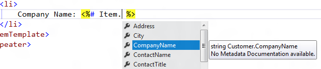 One-way Binding, Entity Intellisense