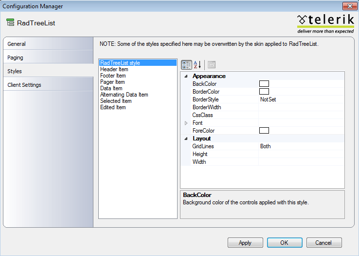 RadTreeList Styles Tab